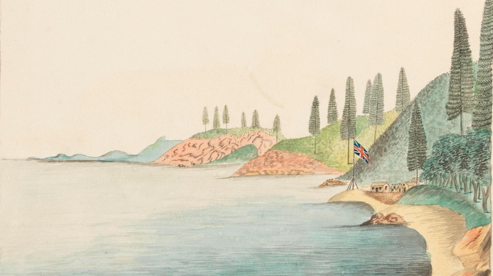 'A View of the West Side of Norfolk Island Taken from the West Side of Turtle Bay', 'The Lambert Drawings', State Library of New South Wales 'A View of the West Side of Norfolk Island Taken from the West Side of Turtle Bay', 'The Lambert Drawings', State Library of New South Wales